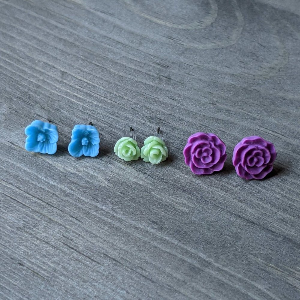 Floral Resin Stud Earrings Set of 3 - Purple Rose, Tiny Mint Rose, Blue Pansy